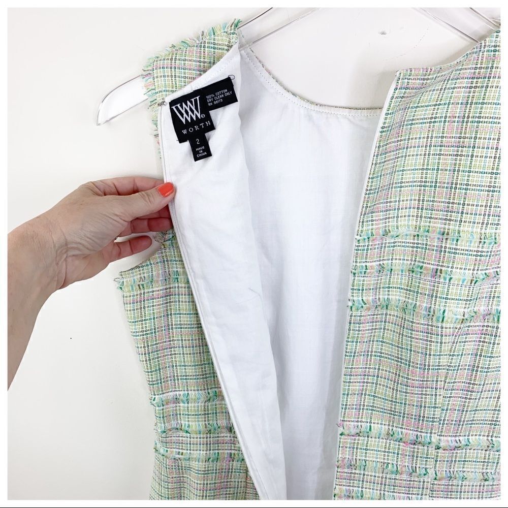 Worth Green/Pink‎ Tulip Tweed Sheath Dress Fringed Sz 2 - Picture 9 of 9
